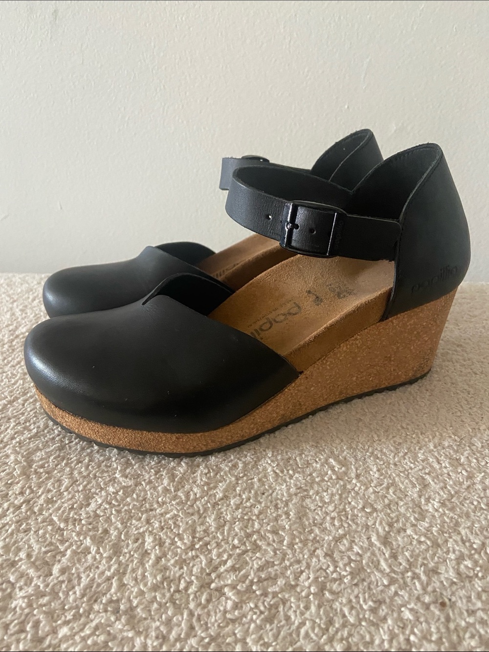 Papillio by Birkenstock Mary Jane  Wedges Sandals Black Leather size 37 US6